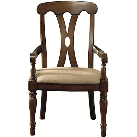 Pierced Back Dining Arm Chair with Fabric-Upholstered Seat & Classic Turned Legs